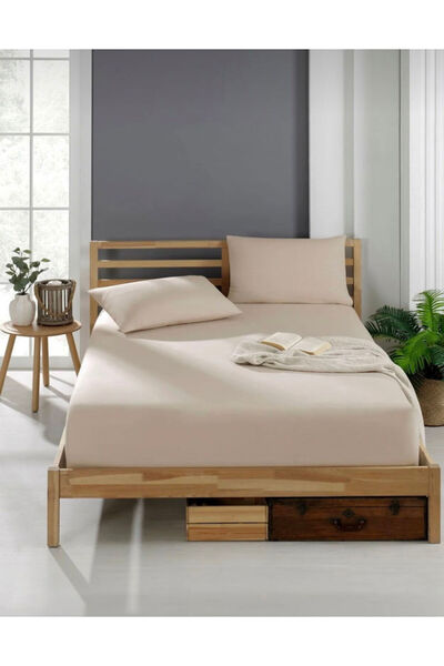 Lastikli Pamuklu Fitted Penye Çarşaf Çift Kişilik 160X200 BEJ RENK