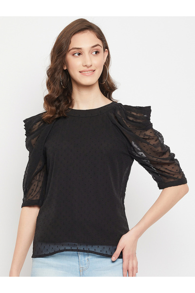 WineRed By Styli Women Black Mesh Puff Sleeve Top