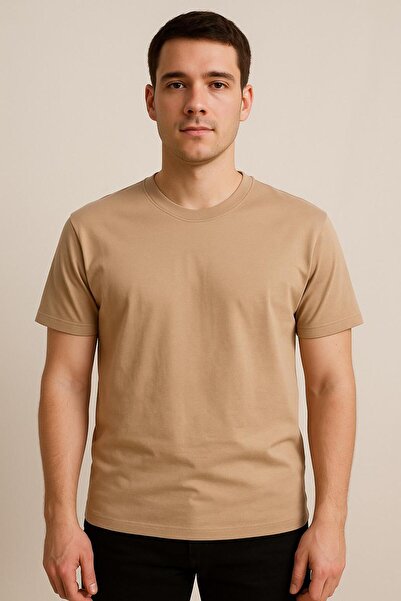 RAPAPA Men's Beige Crew Neck Basic T-Shirt 1477