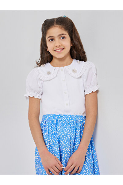 Styli Teens White Cotton Top with Embroidered Collar