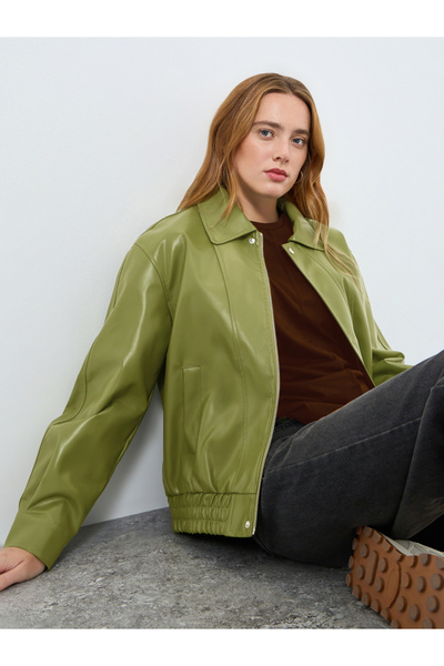 Take Two By Styli Women Olive Green Zip Up Faux Leather Jacket