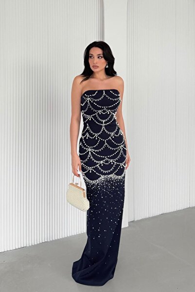 Serica Moda Navy Blue Pearl Embroidered Yı Slit Strapless Pencil Evening Dress