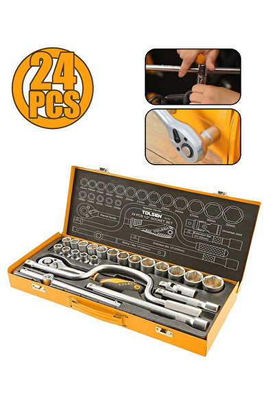 TOLSEN طقم حبات ومفاتيح 24 قطعة من تولسن (1/2 بوصة)، شنطة حديد قوية للميكانيك...