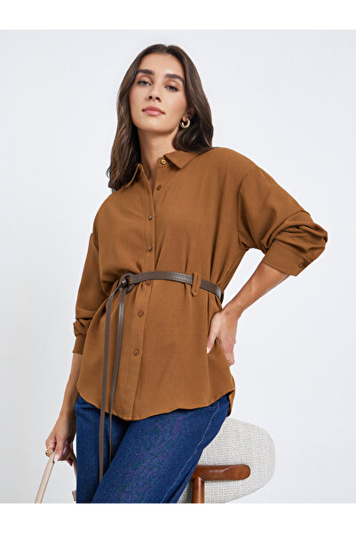Styli Women Mustard Plain Long Sleeve Shirt with Belt