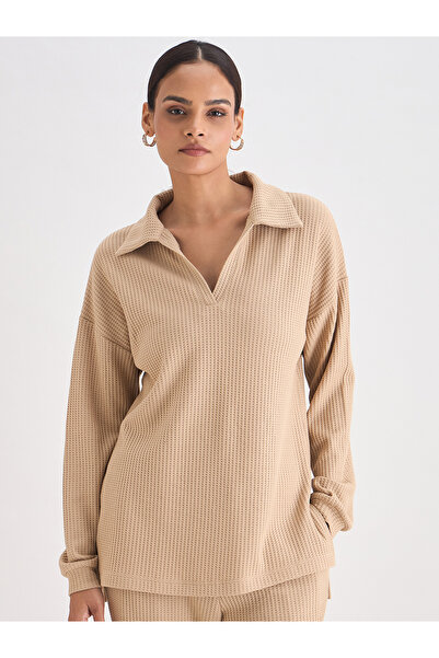Femmella By Styli Women Beige Waffle Knit Collar Detail Top
