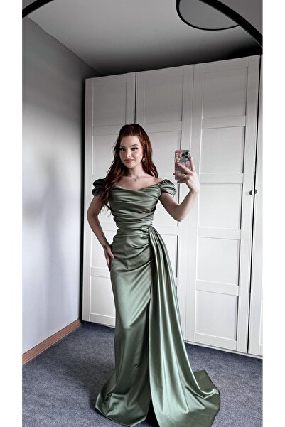 AYŞENUR DİNÇER Balon Kol Saten Abiye Haki Yeşil