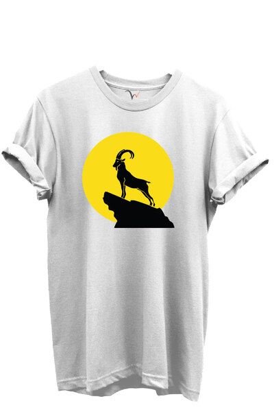 WİDİ Mountain Goat Silhouette Printed 100% Cotton Regular Fit Crew Neck Unise...