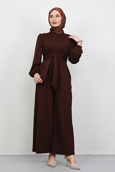 GİYZAMİLA Belted Hijab Jumpsuit Bitter Brown