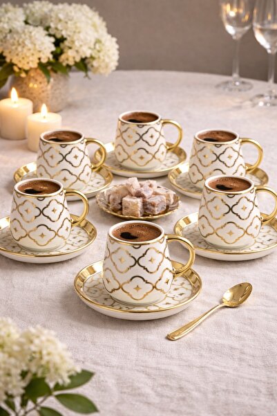 Evila 6 Kişilik 12 Parça Porselen Kahve Fincan Takımı – Gold Detaylı, Lüx Fin...