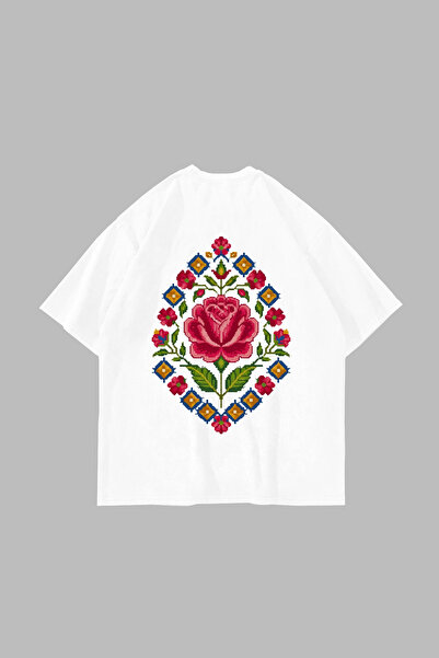 Bak Moda Rose-Face Printed Oversized Unisex White Tshirt