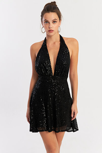 NEW JOURNAL Kadın Siyah Sırtı Açık Payetli Astarlı Mini Elbise DCF046