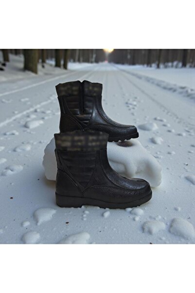 Fiyra Yaldır Black Color Soft Zippered Plastic Boots with Fur Inside