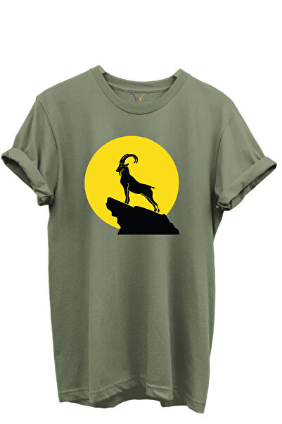 WİDİ Mountain Goat Silhouette Printed 100% Cotton Regular Fit Crew Neck Unise...