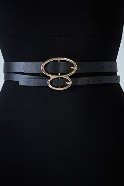 NEW JOURNAL حزام مزدوج بإبزيم مزدوج أسود للنساء BE724