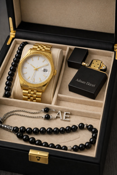 pierrose Kişiye Özel İsimli Altın Renk Erkek Saat Seti Premium Gold Kol Saati...