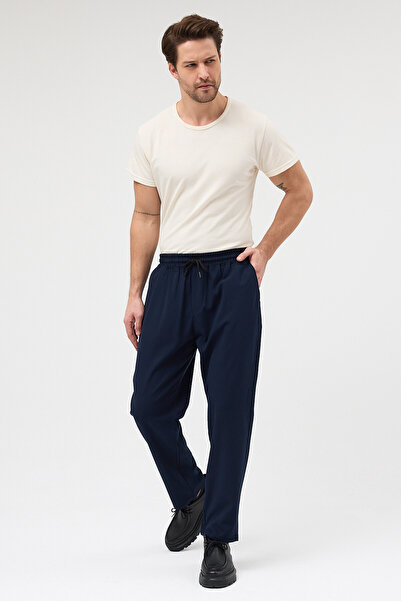 macharel jeans Men's Navy Blue Relaxed Fit Elastic Waist Lace-Up Jogger Pants...