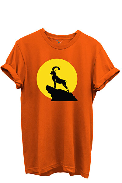 WİDİ Mountain Goat Silhouette Printed 100% Cotton Regular Fit Crew Neck Unise...