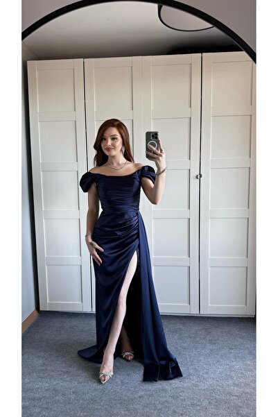 AYŞENUR DİNÇER Balon Kol Saten Abiye Lacivert