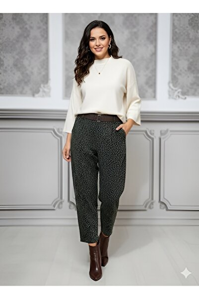 AGORATEKSTİL Women's Original Italian Leopard Print Belted Velvet Trousers