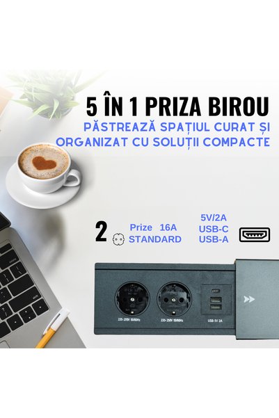 ATOMKIT Priză de blat, birou, bucătărie, mobilier, 2 prize Shucko, 2 porturi USB și 1 port C