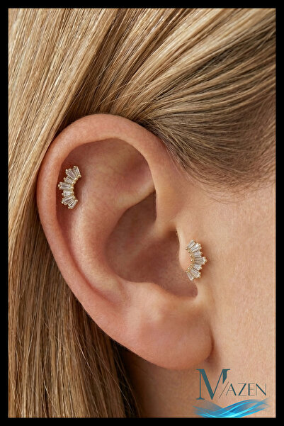 MAZEN Baget Sıralı Kavisli Model Zirkon Taşlı Tragus ve Helix Piercing 1 Adet GOLD Renk