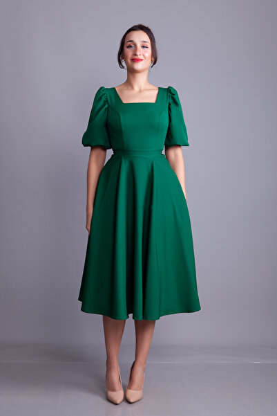 NO48 Emerald Balloon Sleeve Square Neck Midi Dress