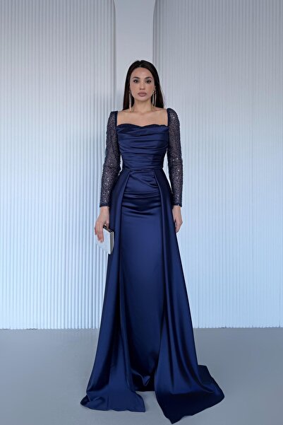 Serica Moda Lacivert Payet İşlemeli Pelerinli Abiye Elbise