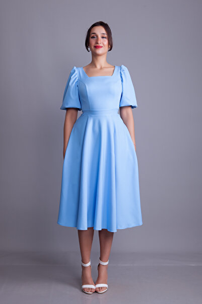 NO48 Baby Blue Balloon Sleeve Square Neck Midi Dress
