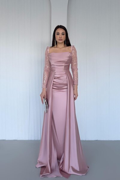 Serica Moda Pudra Payet İşlemeli Pelerinli Abiye Elbise
