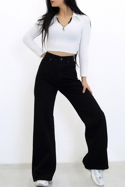 kleshus Black Loose Fit Women's High Waist Palazzo Jeans Stretch Fabric Stret...