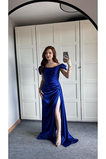 AYŞENUR DİNÇER Balon Kol Saten Abiye Saks Mavisi