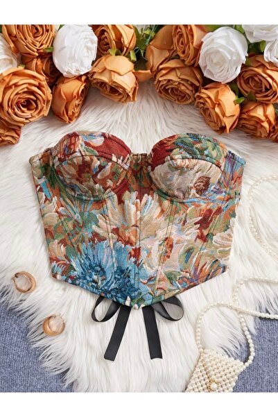 Tual Yeşil Desenli Özel Dokulu Straplez Vintage Büstiyer Korse