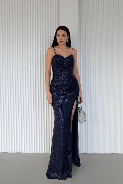 Serica Moda Navy Blue Thin Strap Y Slit Sequin Evening Dress