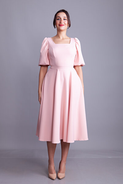 NO48 Powder Balloon Sleeve Square Neck Midi Dress