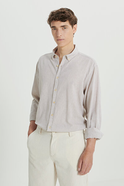 ALTINYILDIZ CLASSICS Beige Comfort Fit Relaxed Fit Buttoned Collar Linen Summ...