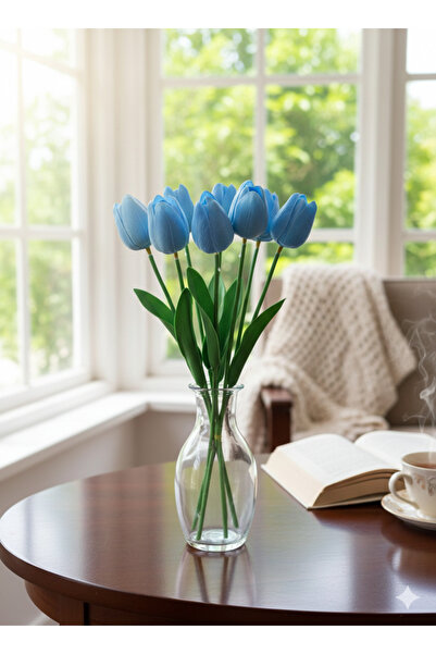 YASİMA Artificial 8-Piece Wet Tulip Light Blue Breezy Special Day and Home De...