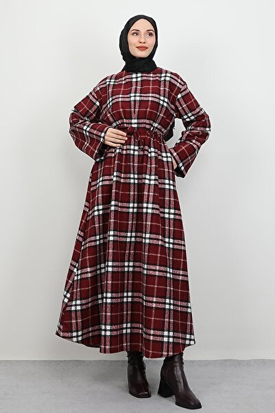 GİYZAMİLA Καρό φόρεμα με κασμίρι σε μπορντό χρώμα