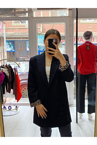 TRENDBUTİK Kadın Kol İçi Leopar Tek Düğmeli Blazer Ceket