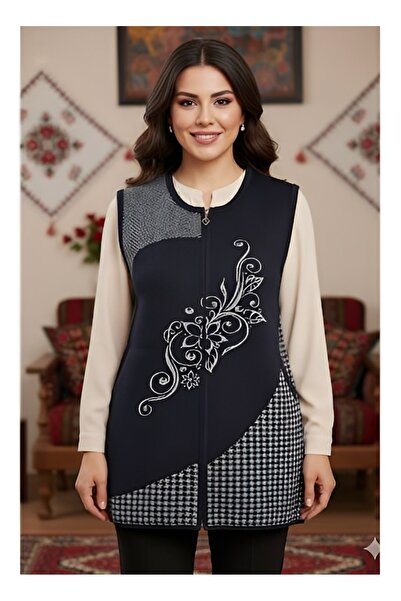 AGORATEKSTİL Women's Zippered Double Pocket Knitwear Fabric Long Mother Vest