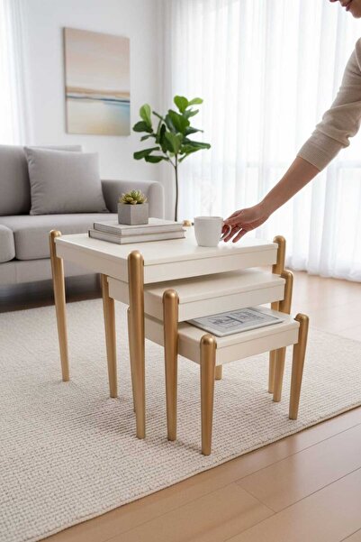 Akabesan Aksesuar Defne Serisi Krem Dekoratif Gold Ayaklı 1.sınıf Kayın Ağacı...