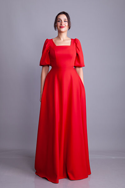 NO48 Red Balloon Sleeve Square Neck Maxi Dress
