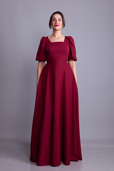 NO48 Burgundy Balloon Sleeve Square Neck Maxi Dress