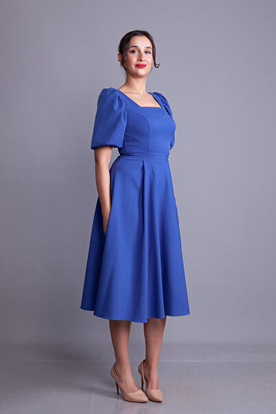 NO48 Denim Blue Balloon Sleeve Square Neck Midi Dress