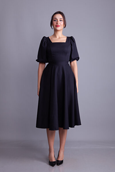 NO48 Black Balloon Sleeve Square Neck Midi Dress