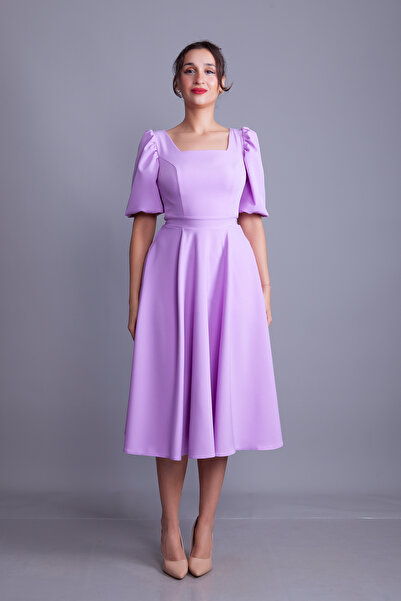 NO48 Lilac Balloon Sleeve Square Neck Midi Dress