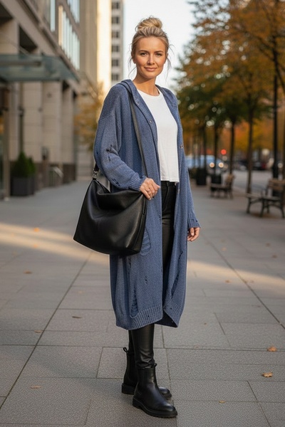 Chiccy Jean Blue cu glugă Cardigan casual din tricot, cu mâneci lungi, cu nas...