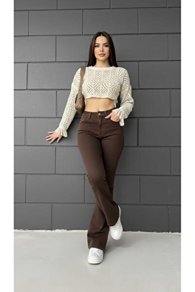 NWC İspanyol Paça Flare Jeans Kot Pantolon Yüksek Bel Kahverengi Likralı