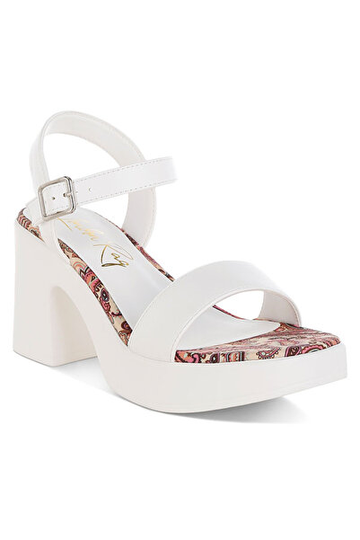 london Rag أحذية نسائية بكعب عالٍ ومنصة من الجلد الصناعي الأبيض مع إبزيم دبوس