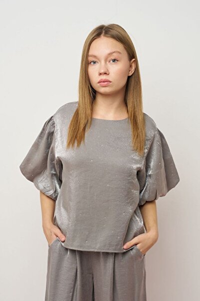 LOCO LOCO Bluză pentru fetiță 7972 din poplin cu mâneci bufante și strasuri