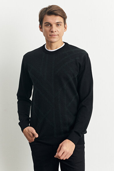 ALTINYILDIZ CLASSICS Black Standard Fit Regular Cut Crew Neck Modern Pattern ...